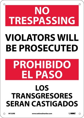 Notice Signs; No Trespassing Violators Will Be Prosecuted, Bilingual, 14X10, Rigid Plastic