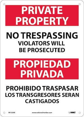 Private Property No Trespassing Violators Will Be Prosecuted, Bilingual, 14X10, .040 Aluminum