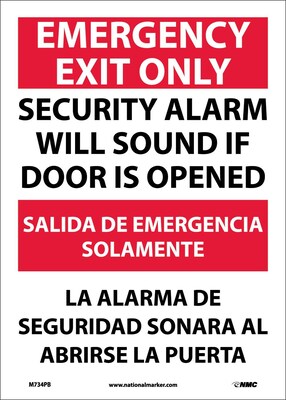 Emergency Exit Security Alarm Will Sound If Door Is Opened, Bilingual, 14X10, Adhesive Vinyl