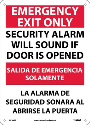Emergency Exit Security Alarm Will Sound If Door Is Opened, Bilingual, 14X10, Rigid Plastic