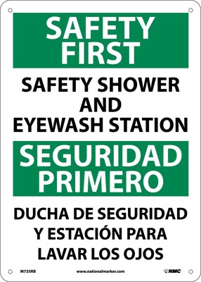 Notice Signs; Safety First Safety Shower And Eyewash Station, Bilingual, 14X10, Rigid Plastic