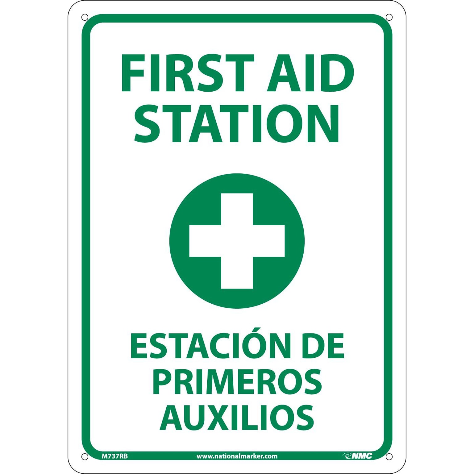 Notice Signs; First Aid Station (Graphic), Bilingual, 14X10, Rigid Plastic
