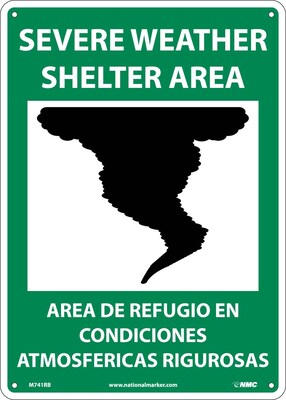 Notice Signs; Severe Weather Shelter Area (Graphic), Bilingual, 14X10, Rigid Plastic