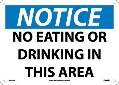 No Eating Or Drinking In This Area, 10X14, Rigid Plastic, Notice Sign