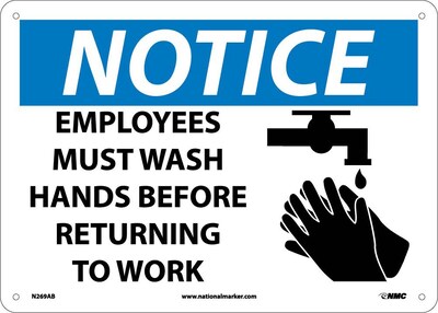 Notice Signs; Employees Must Wash Hands Before Returning To Work, Graphic, 10X14, .040 Aluminum