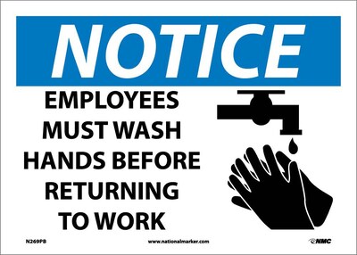 Notice Labels; Employees Must Wash Hands Before Returning To Work, Graphic, 10 x 14, Adhesive Viny