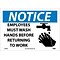 Notice Labels; Employees Must Wash Hands Before Returning To Work, Graphic, 10 x 14, Adhesive Viny