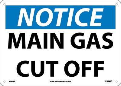 Notice Signs; Main Gas Cut Off, 10X14, .040 Aluminum