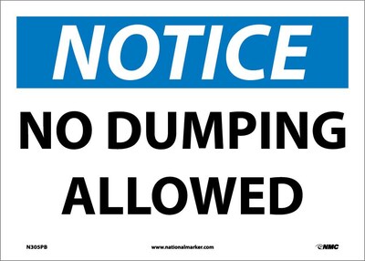 Notice Labels; No Dumping Allowed, 10" x 14", Adhesive Vinyl