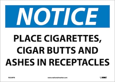 Notice Labels; Place Cigarettes, Cigar Butts And Ashes In Receptacles, 10X14, Adhesive Vinyl