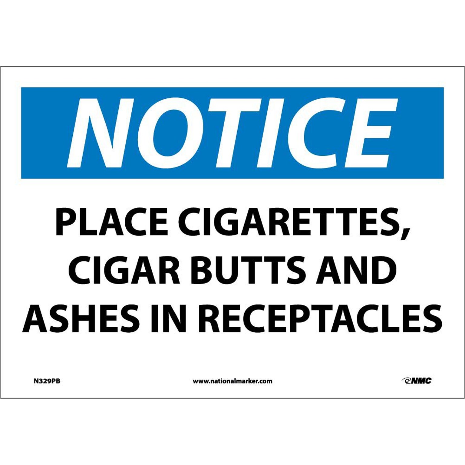 Notice Labels; Place Cigarettes, Cigar Butts And Ashes In Receptacles, 10X14, Adhesive Vinyl