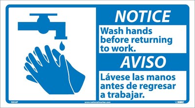 Notice Labels; Wash Hands Before Returning To Work (Bilingual W/Graphic), 10X18, Adhesive Vinyl