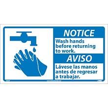 Notice Labels; Wash Hands Before Returning To Work (Bilingual W/Graphic), 10X18, Adhesive Vinyl