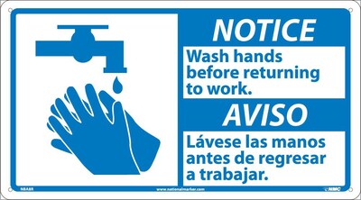 Notice Signs; 10 X 18 Notice Wash Hands Before Return- (Bilingual W/Graphic), 10X18, Rigid Plastic