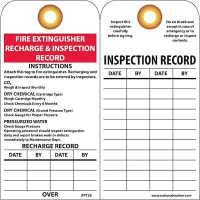 Accident Prevention Tags; Fire Extinguisher Recharge And Inspect, 6" x 3", Unrip Vinyl W/Grommet, 25/Pack