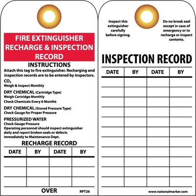 Accident Prevention Tags; Fire Extinguisher Recharge And Inspect, 6" x 3", Unrip Vinyl W/Grommet, 25/Pack