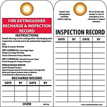 Accident Prevention Tags; Fire Extinguisher Recharge And Inspect, 6 x 3, Unrip Vinyl W/Grommet, 25