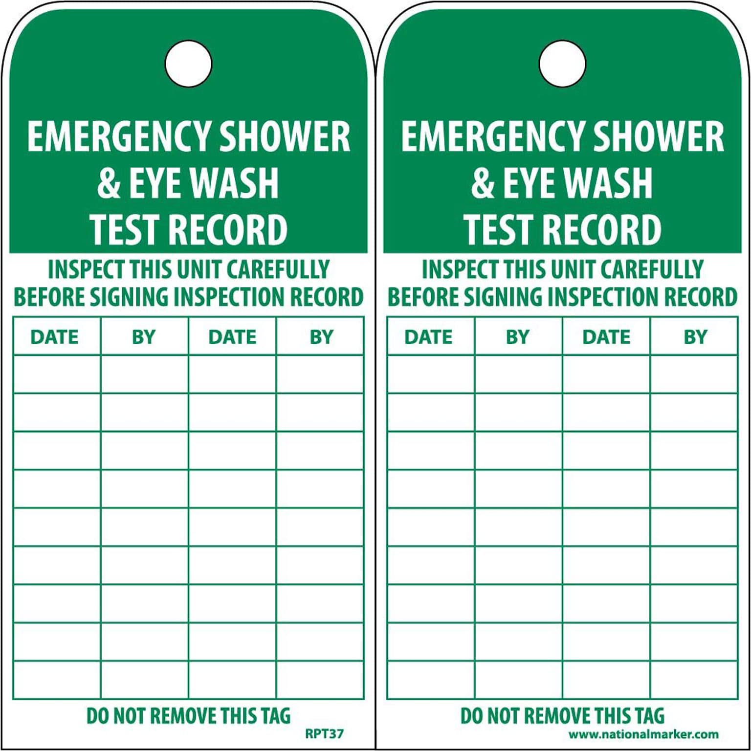 Accident Prevention Tags; Emergency Shower And Eye Wash Test Record, 6 x 3, Unrip Vinyl, 25/Pack