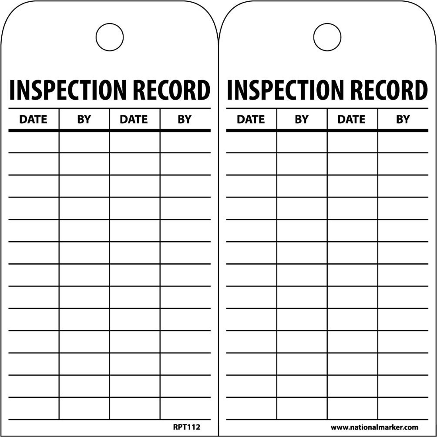 Accident Prevention Tags; Inspection Record, 6 x 3, Unrip Vinyl, 25/Pack