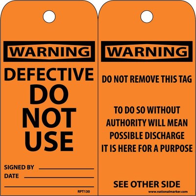 Accident Prevention Tags Defective Do Not Use 6X3 .015 Mil Unrip Vinyl 25 Pk