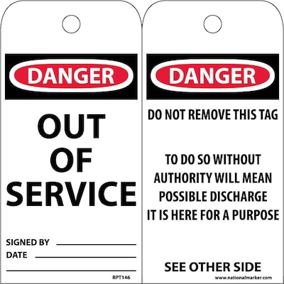 Accident Prevention Tags; Out Of Service, 6 x 3, .015 Mil Unrip Vinyl, 25 Pk