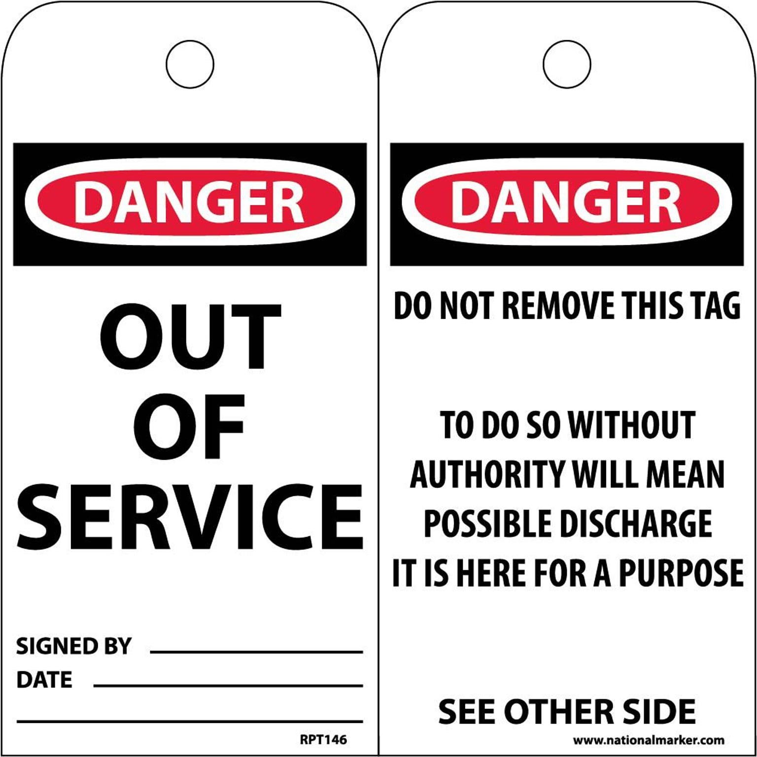 Accident Prevention Tags; Out Of Service, 6 x 3, .015 Mil Unrip Vinyl, 25 Pk