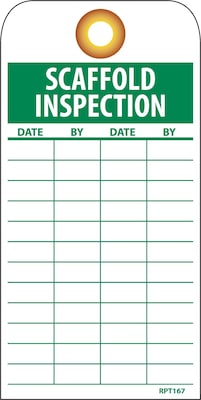 Accident Prevention Tags; Scaffold Inspection, 6" x 3", Unrip Vinyl, 25/Pack W/ Grommet