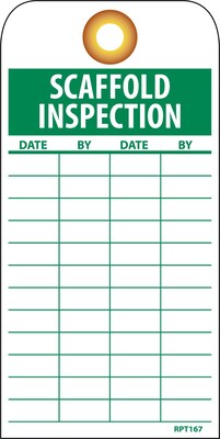 Accident Prevention Tags; Scaffold Inspection, 6" x 3", Unrip Vinyl, 25/Pack W/ Grommet