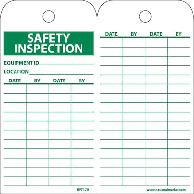 Accident Prevention Tags; Safety Inspection Record, 6" x 3" 1/4, Unrip Vinyl, 25/Pack