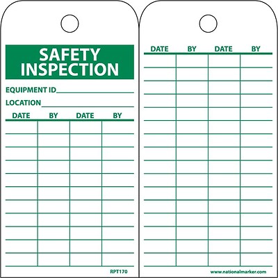 Accident Prevention Tags; Safety Inspection Record, 6X3 1/4, Unrip Vinyl, 25/Pk