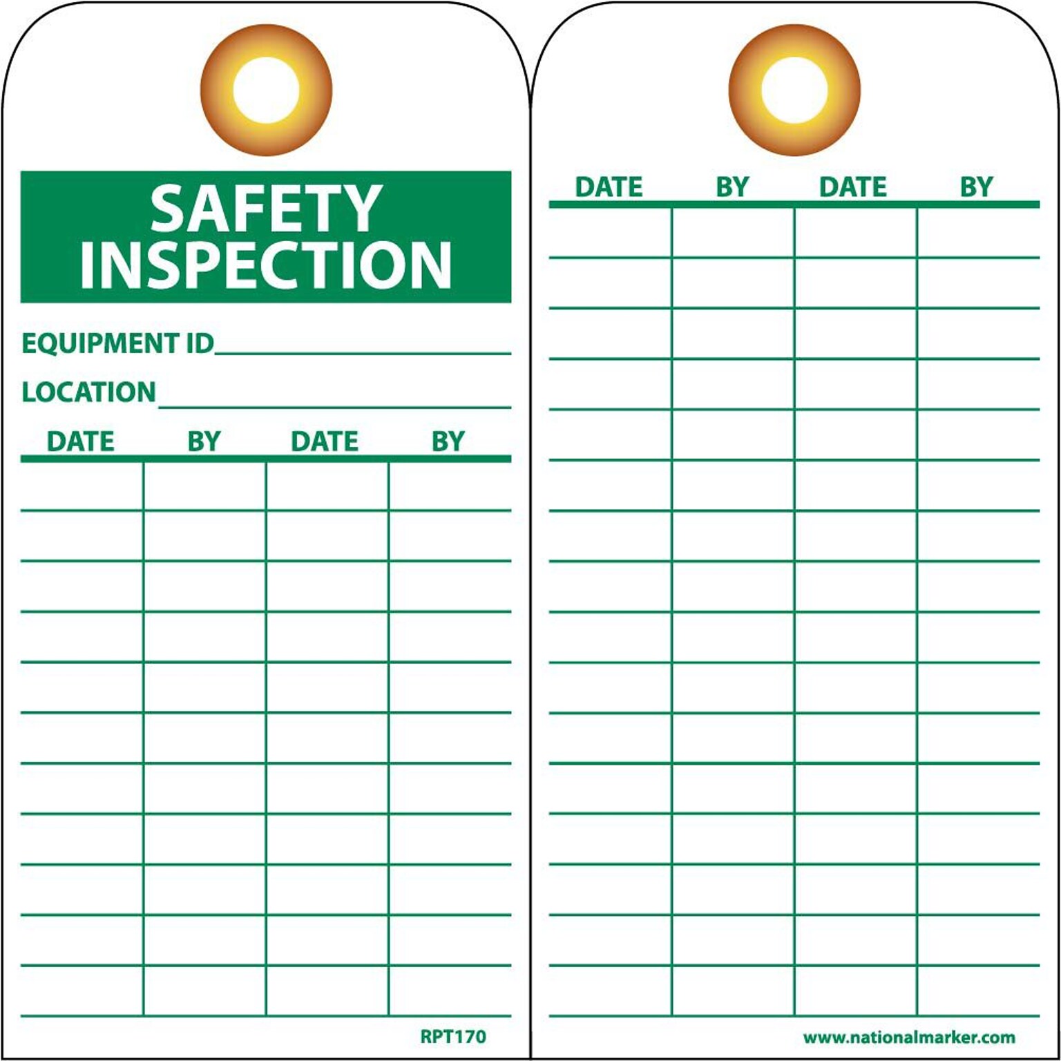 Accident Prevention Tags; Safety Inspection, 6 x 3, Grommet, Unrip Vinyl, 25/Pack W/ Grommet