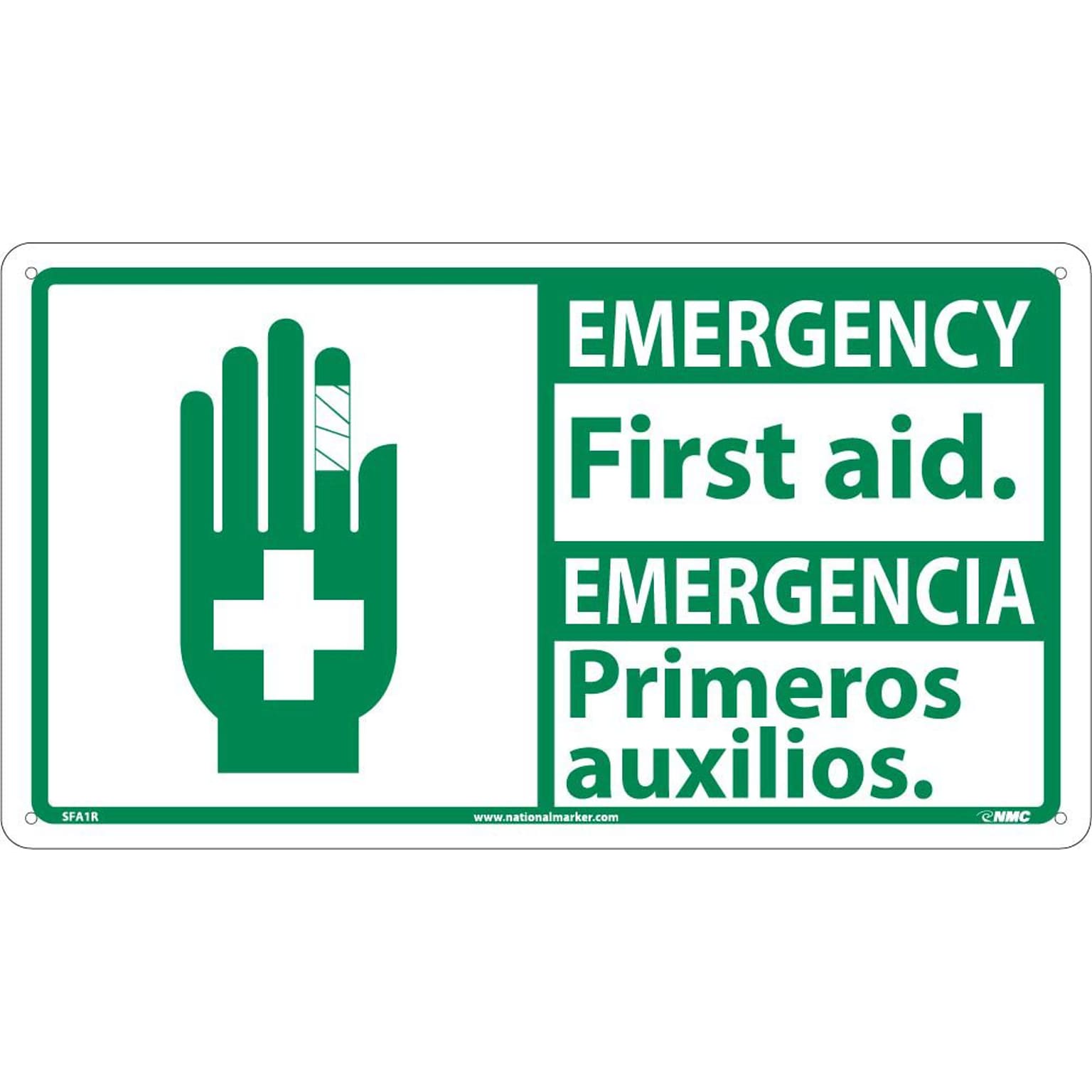 Notice Signs; Safety First, Emercency First Aid (Bilingual W/Graphic), 10X18, Rigid Plastic