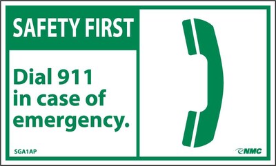 Safety First Information Labels; Dial 911 In Case Of Emergency (Graphic), 3 x 5, Adhesive Vinyl, 5/Pack
