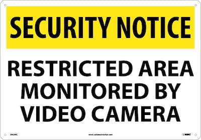 Security Notice Signs; Restricted Area Monitored By Video Camera, 14X20, Rigid Plastic