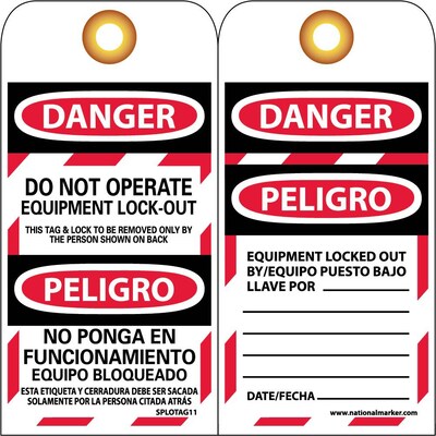 Lockout Tags; Danger, Do Not Operate Equipment Lock Out, Bilingual, 6" x 3", Unrip Vinyl, 25/Pack