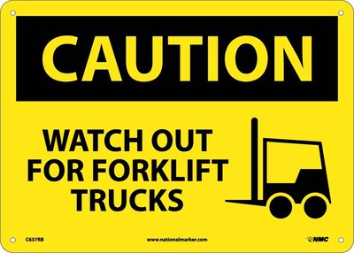 Caution Signs; Watch Out For Fork Lift Trucks, Graphic, 10X14, Rigid Plastic