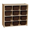 Wood Designs™ Contender™ 27 1/4H Assembled 12 Cubby Storage Unit With Chocolate Tubs, Baltic Birch