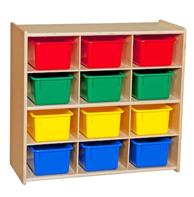 Wood Designs™ Contender™ 27 1/4H 12 Cubby Storage Unit With Colorful Tubs, Baltic Birch