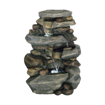 Pure Garden 25 1/2 Stone Waterfall Outdoor Fountain With LED Lights, Brown/Tan