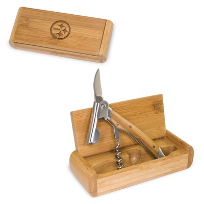 Picnic Time® NFL Licensed Elan Pittsburgh Steelers Engraved Corkscrew With Box; Bamboo
