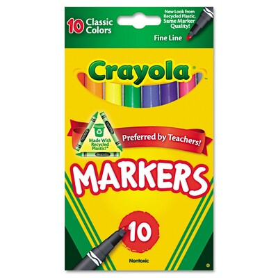 Crayola® Non-Washable Markers; Fine Line Tip, Assorted, 10/Box