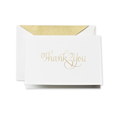 Crane & Co™ Hand Engraved Pearl White Thank You Note With Envelope, Gold Calligraphic