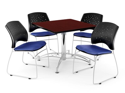 OFM 42 Square Multi-Purpose Mahogany Table With 4 Chairs, Royal Blue