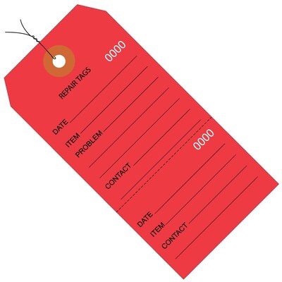 BOX 4 3/4 x 2 3/8 #5 Pre-Wired Consecutively Numbered Repair Tags, Red