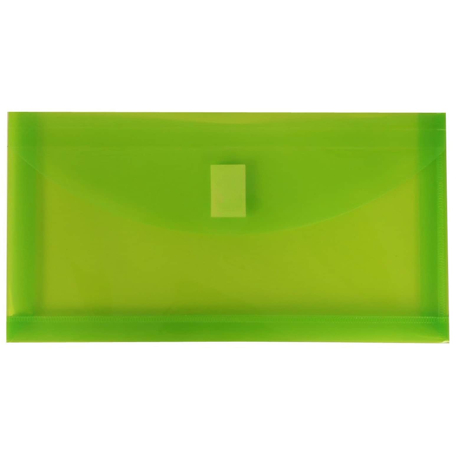 JAM Paper® #10 Plastic Envelopes with Hook & Loop Closure, 1 Expansion, 5.25 x 10, Lime Green Poly, 12/pack (921V1LI)