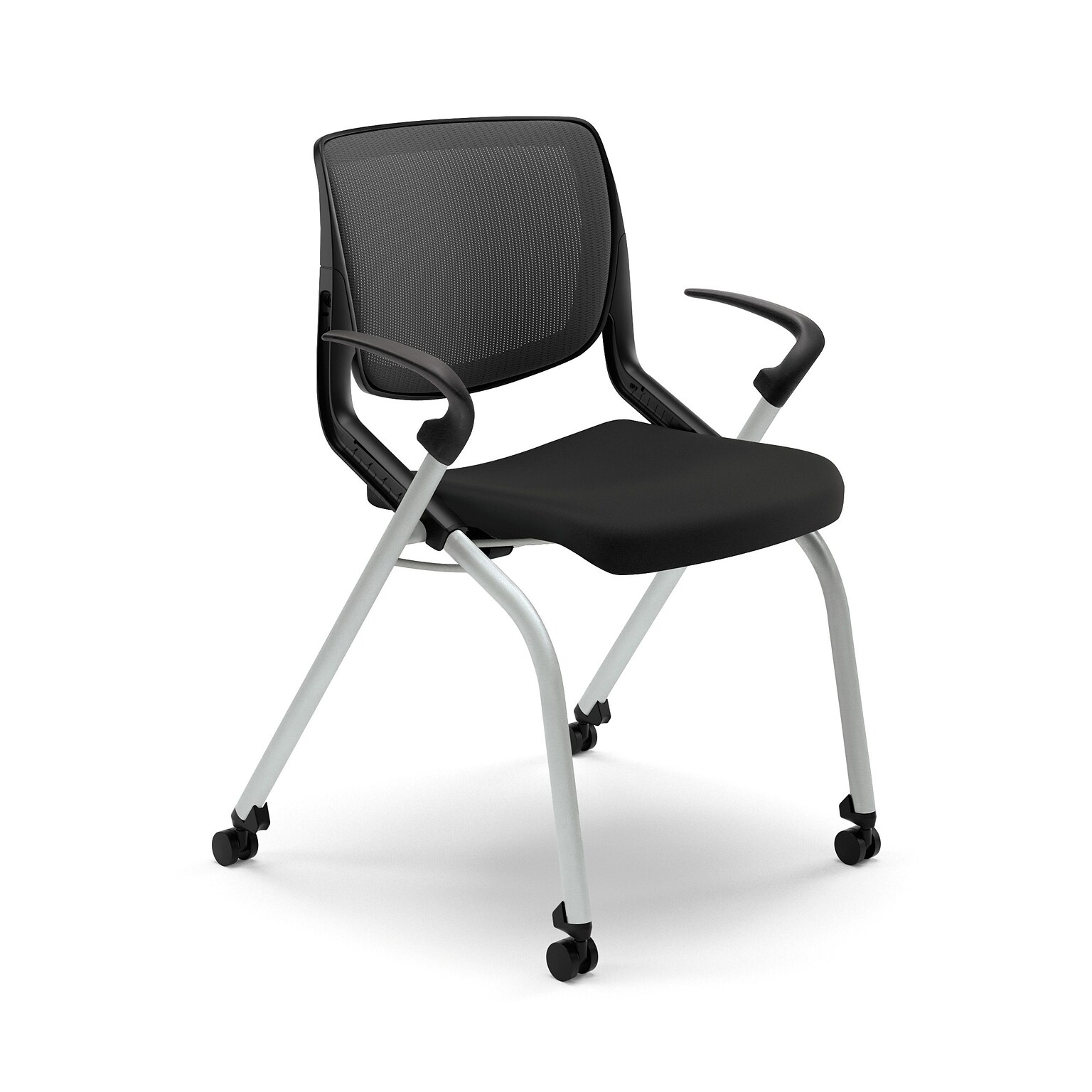HON Motivate Nesting Stacking Chair, Black ilira Stretch Back, Fixed Arms, Onyx Shell, Black Fabric (HONMN212ONCU10)