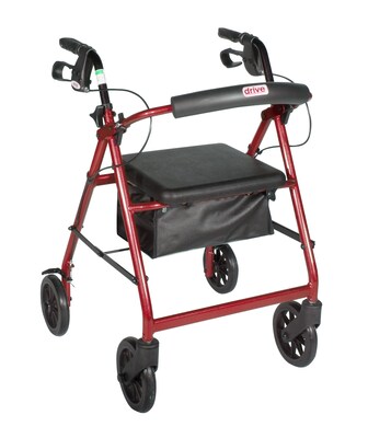 Drive Medical Aluminum Rollator Rolling Walker with Fold Up and Removable Back Support and Padded Seat Red (R728RD)