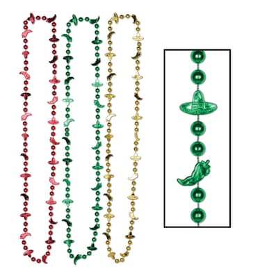 Beistle Fiesta Beads Necklace; 33, Red/Gold/Green