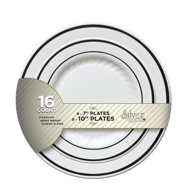 Silver Splendor Recyclable Plastic White With Silver Round China-Like Plate 7"