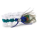 HBH™ White Peacock Feather Garter With Jade Satin Ribbon and Royal Blue Bow